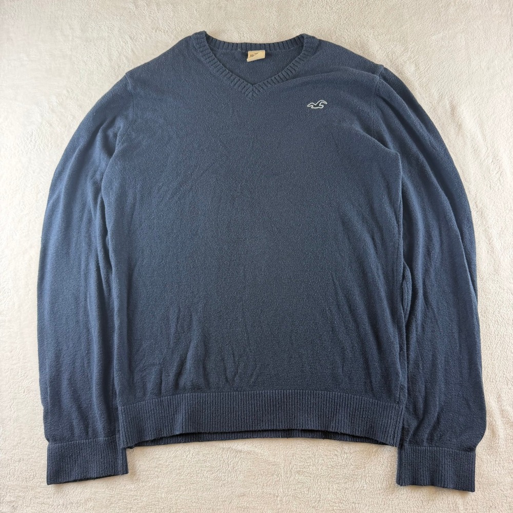 Hollister Vintage V-Neck Sweater Logo Navy Blue Mens Large Casual Preppy